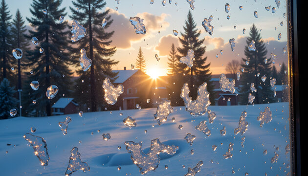 Frost crystals on a window with morning glow and snowy landscape   - Powered by Adobe