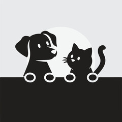 Minimal black silhouette of a cute dog and cat peeking over an edge with paws visible. Vector sticker design