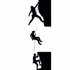 Fototapeta premium Silhouettes of rock climbers ascending and descending a cliff face.