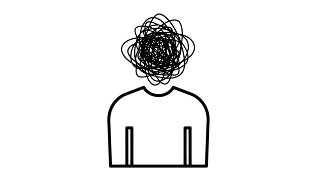 Outline icon of a person's head with tangled scribble lines representing stress, confusion, or mental overload, isolated white background.