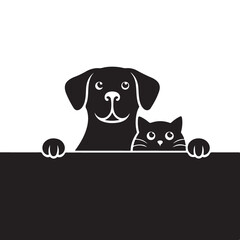 Minimal black silhouette png picture of a cute dog and cat peeking over an edge with paws visible. Vector sticker design