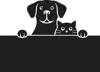 Minimal black silhouette png picture of a cute dog and cat peeking over an edge with paws visible. Vector sticker design
