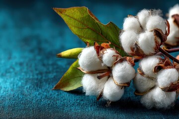Close-up of white cotton bolls on green leaves against a blue textured background