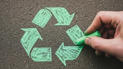 Hand drawing vibrant green recycling symbol with chalk on dark asphalt, illustrating a commitment to environmental protection, sustainable living, and ecological responsibility