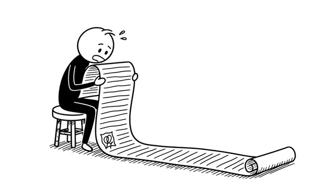 Stressed Stick Figure Man Reading Overwhelmingly Long To-Do List on Isolated White Background