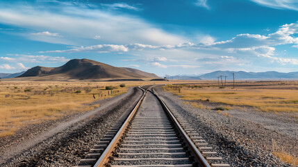 大地をまっすぐ進む一本道の線路風景