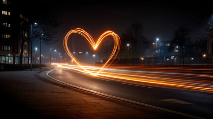 Glowing Heart on City Street: A vibrant, glowing heart shape floats above a city street at night, with a trail of light blurring from passing vehicles. The scene evokes warmth, love.