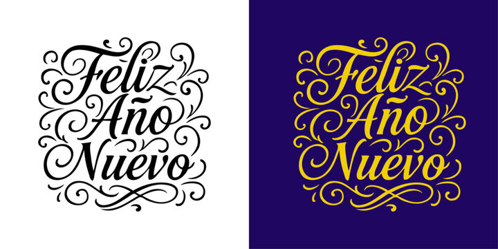 Logo de Navidad. Grupo de mensajes en espa&ntilde;ol Feliz A&ntilde;o Nuevo con florituras de adorno para tarjetas y felicitaciones