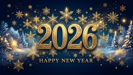 Golden 2026 happy new year celebration with sparkling snowflakes and a winter forest