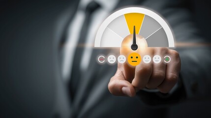 Business professional hand interacting with satisfaction gauge, pointer on yellow segment, alongside emoji rating scale. Concept of customer feedback, performance measurement, experience assessment