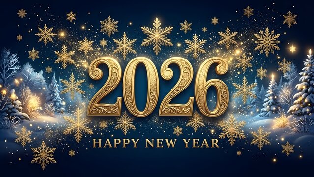 Golden 2026 happy new year celebration with sparkling snowflakes and a winter forest - Powered by Adobe