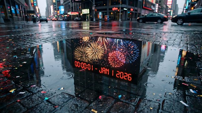 New year's eve countdown to 2026 reflected in a vibrant city puddle after rain