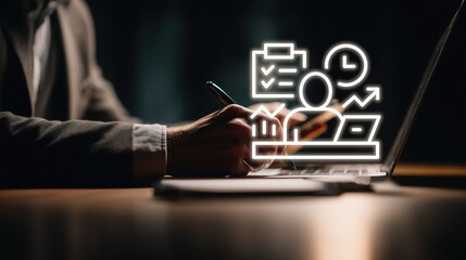 Business professional hand with pen interacts near laptop, alongside neon icons of checklist, clock, person, growth chart. Concept of task management, work productivity, schedule tracking