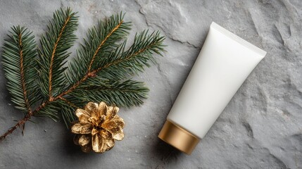 White cosmetic tube with gold cap placed on gray stone surface, alongside pine branch and glittering gold pinecone. Concept of winter beauty product display, festive natural decor in elegant setting.