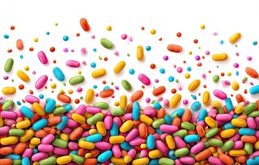 Candy sprinkles colorful, oval, round dots, against white