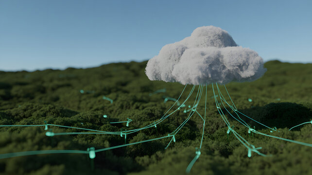 Cloud Computing A surreal cloud structure with digital streams above a lush landscape.