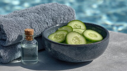 Fresh cucumber slices (in textured dark gray bowl) paired with folded gray terry towel and small corked glass bottle (holding clear liquid), set on matte stone surface against shimmering pool water