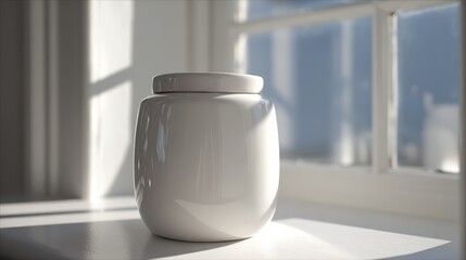 Elegant white ceramic jar on windowsill bathed in natural light