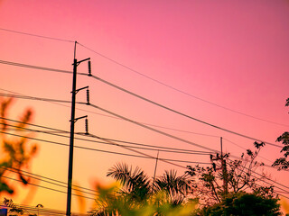 Electric Pole Pink Orange Sky: Power Lines Sunset Silhouette Palm Trees Dramatic Colorful Background Evening