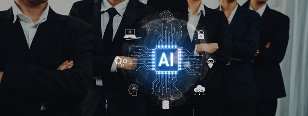 A group of business professionals stands confidently with arms crossed, featuring an AI technology illustration that conveys modern innovation and intelligence in the workplace. Trope