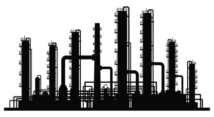 Industrial complex with numerous towers and pipelines depicted in a striking black silhouette © RMvectors02