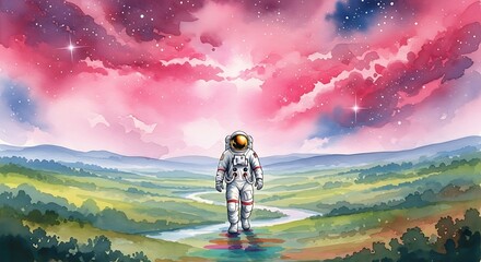 Astronaut standing in a surreal watercolor landscape with a pink cosmic sky.