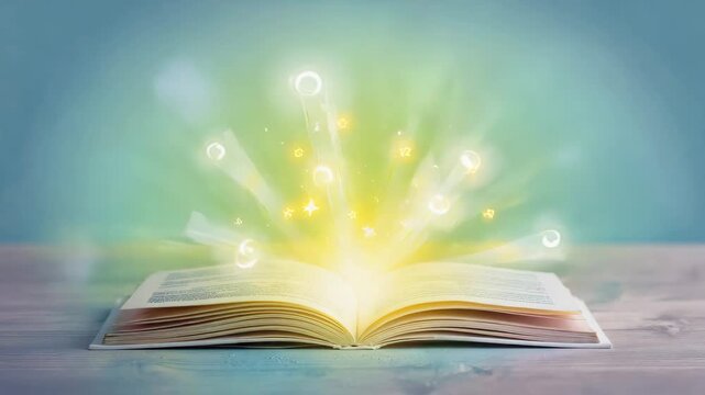 Explore stories in an open book with glowing light and sparkles in a calm setting