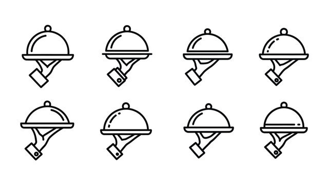 Set of simple black and white icons depicting a hand serving food under a cloche