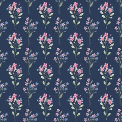 Seamless pattern with wildflowers, repeating paper, dark blue background.. Floral backdrop for textile, fabric, wallpaper. Hand drawn flowers.
