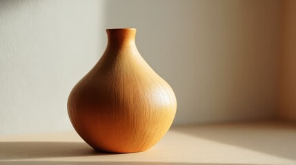 Elegant wooden vase displayed on minimalist surface with natural lighting