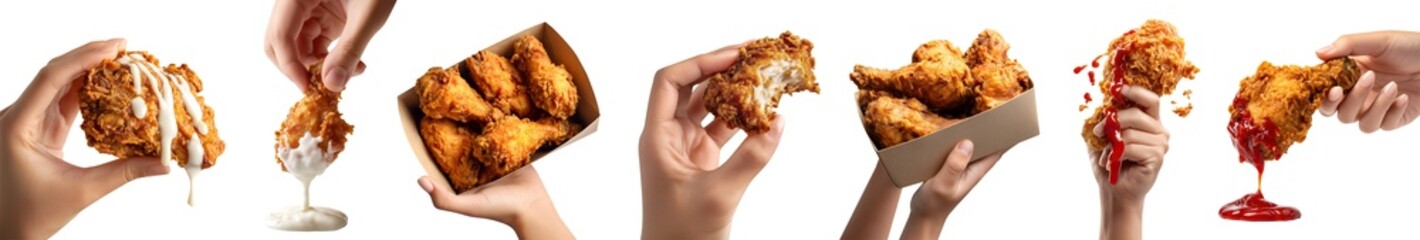 Set of hand holding pile bitten stack fried chicken breast drumstick thigh meat, white ranch and ketchup dip sauce, takeaway paper box, transparent cutout PNG. Many different style Mockup