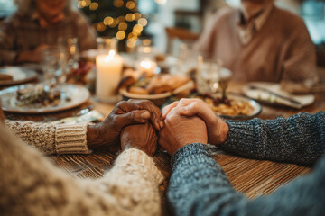 Family holding hands in prayer before Christmas dinner