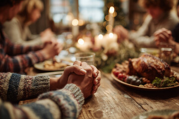 Family holding hands in prayer before Christmas dinner