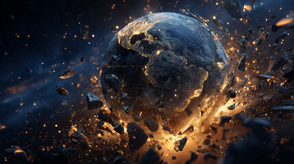 Exploding Earth in space with fiery destruction and debris.