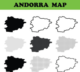 Andorra map shapes in various styles including solid black dotted outline and minimalist designs ideal for geographic representation and educational purposes © shahzadking