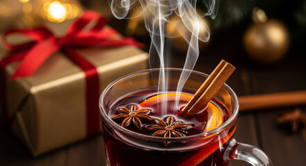 Steaming mulled wine with orange and anise garnish, generated by AI