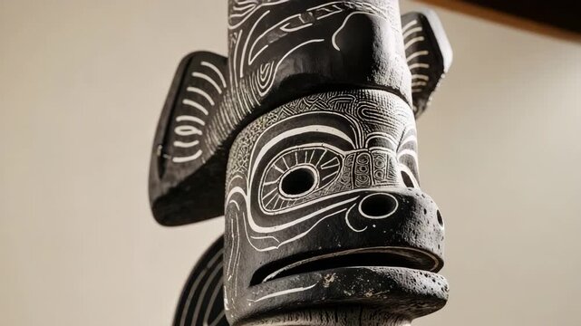 Exploring a wooden totem with intricate carvings in a museum setting during daytime