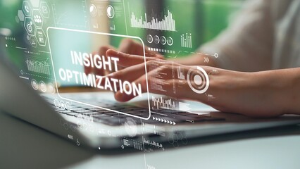 Hands Typing on Laptop with Graphic Overlay of Insight and Optimization Metrics for Business Data Analysis. Asymptotic smart data analytic.