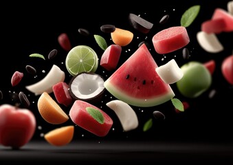 Fruit explosion vibrant sliced fruit levitating on black