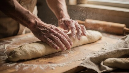 Medium shot capturing the rhythmic motion of hands shaping a slender baguette dough on a lightly floured board emphasizing traditional artisan techniques.