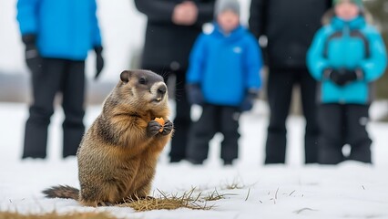 Groundhog in winter setting with people observing