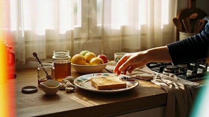 A bright kitchen scene featuring fresh fruit, honey, and a slice of bread ready to be enjoyed, creating an inviting atmosphere.