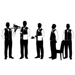 Silhouettes of professional waiters serving and standing in various poses.
