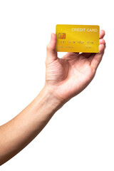 A close-up man hand holds a gold credit card isolated on white background.