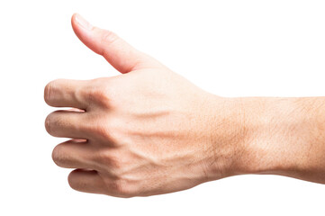 isolated of male hand holding something like a bottle or can.