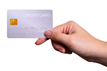 A close-up woman hand holds a silver credit card isolated on white background.