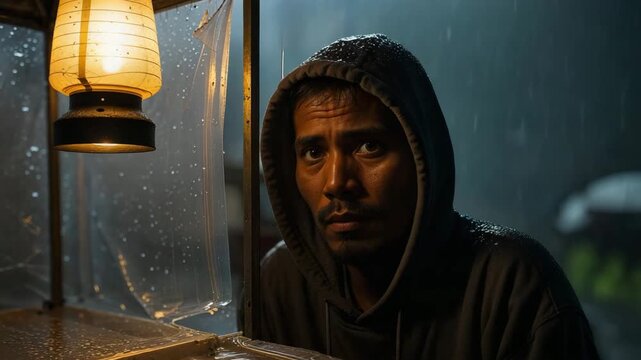 Person at food stall waits under lantern in heavy rain at night