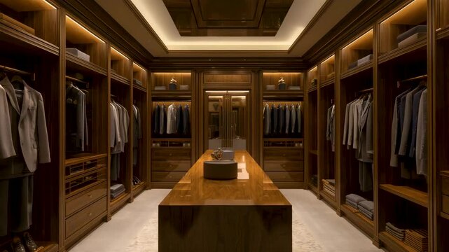 Luxury walk in closet with wooden cabinets shelves and neatly arranged clothing