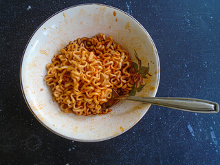 Hot Spicy Instant Noodles Close Up. Delicious Street Food Meal. Ramen Noodle. World Challenge noodles	