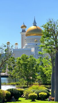 Brunei Darussalam - June 25, 2025: Sultan Omar Ali Saifuddin Mosque in Bandar Seri Begawan. Mosque with baobab trees in the foreground. Mosque facade and dome in sunlight. 4К